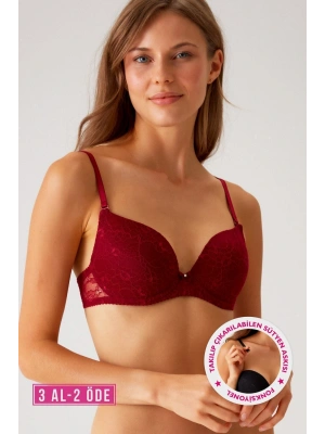 Kadın Bordo 6220 Paris Balenli Desteksiz Dolgusuz Dantelli Sütyen (C CUP SEÇENEĞİYLE)