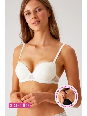 Kadın Ekru 6221 Lyon Balenli Double Push Up Ekstra Dolgulu Dantelli Tak-çıkar Askılı Sütyen