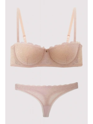 Pudra 4703 Verona Balenli Soft Push Up Dantel Straplez Fantezi Iç Çamaşır Takımı