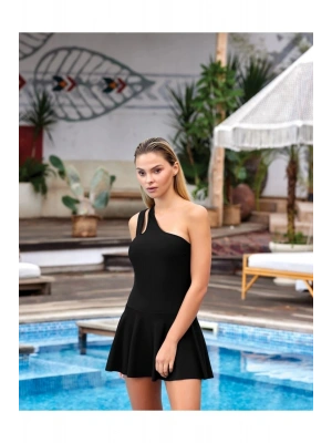 Kadın Siyah Tek Askı Etekli Mayo