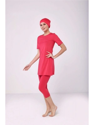 Büyük Beden Yarı Kapalı Tesettür Mayo Mercan Rengi Kısa Kollu Taytlı Yarı Kapalı