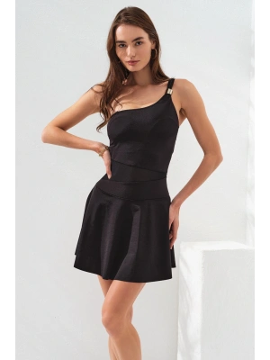 Kadın Siyah Tek Omuz Gold Tokalı Elbise Etekli Mayo Tül Detaylı Çıkarılabilir Askılı Kaplı Sade