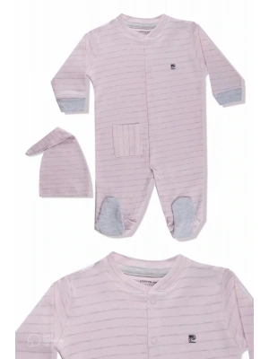 Şapkalı %100 Pamuklu Çizgili Bebek Tulumu 303768