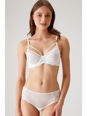 Ekru 4800 Balenli Tül Işlemeli Kapsız Balconette Çeyiz Iç Çamaşır Takımı