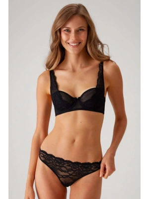 Siyah 4841 Dantelli Kapsız Dantelli Sütyen Ve String Fantezi İç Çamaşır Takımı