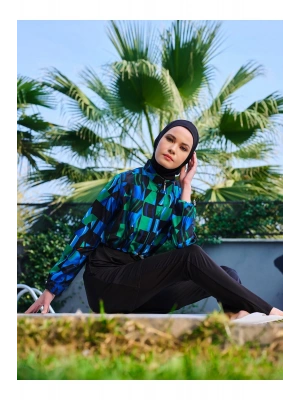 Desenli Crop Tesettür Mayo - Mavi -