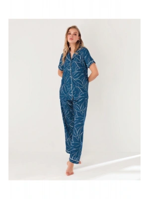 Blu Dream 10104 Dokuma Viscon Önden Düğmeli Kısa Kol Pijama Takımı