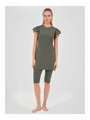 Kolu Volan Detaylı Yarım Kol Yarı Kapalı Mayo - Haki -