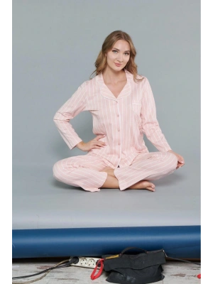 Melodi Kadın Çizgili Pamuklu Düğmeli Pijama Takım 9137
