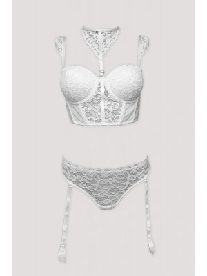 Ekru 4862 Cenova 3lü Jartiyerli Büstiyer Sütyen Tanga / Fantezi İç Çamaşır Takımı Çorap Hediyeli