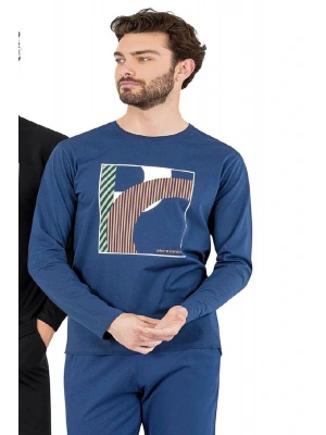 6060 Erkek İndigo Uzun Kollu Yuvarlak Yakalı Pijama Takım