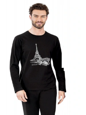 6064 Erkek Siyah Uzun Kollu Yuvarlak Yakalı Pijama Takım