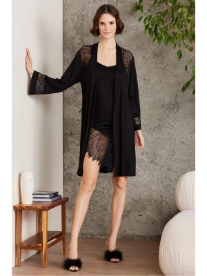 Penye Dantelli Kadın Gecelik Ve Sabahlık Takım - 4015 Siyah