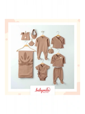 Yenidoğan Bebek Için Organik Pamuklu 10 Parça Hastane Çıkışı Seti - Zıbın Ve Tulum Takımı Kahve