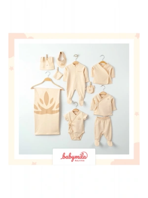 Yenidoğan Bebek Için Organik Pamuklu 10 Parça Hastane Çıkışı Seti - Zıbın Ve Tulum Takımı Bej