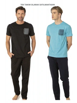 Lisanslı Erkek %100 Pamuklu Bisiklet Yaka Kısa Kollu ve Cepli Pijama Takımı