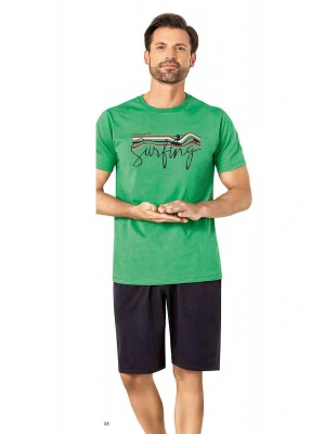 6073 Erkek Kısa Kollu Şortlu Pijama Takım-Yeşil
