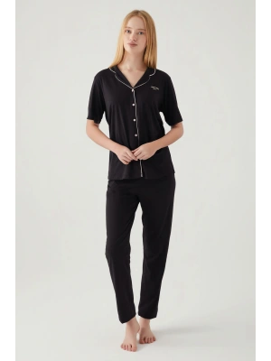 Kadın Siyah Gömlek Pijama Takım