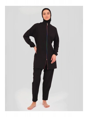 Panama Arkası Desenli Tesettür Mayo - Siyah -