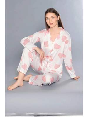 Kadın Yazlık Uzun Kol Önden Düğmeli Pijama Takımı 790-71