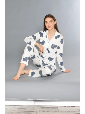 Kadın Yazlık Uzun Kol Önden Düğmeli Pijama Takımı 790-71