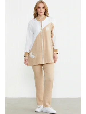 Fermuar Kapamalı Nakışlı Tunik Takım - Bej