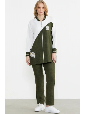 Fermuar Kapamalı Nakışlı Tunik Takım - Haki