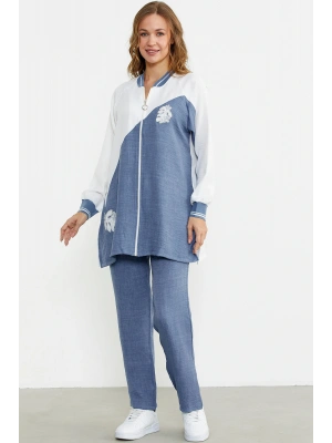 Fermuar Kapamalı Nakışlı Tunik Takım - Indigo