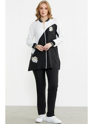 Fermuar Kapamalı Nakışlı Tunik Takım - Siyah