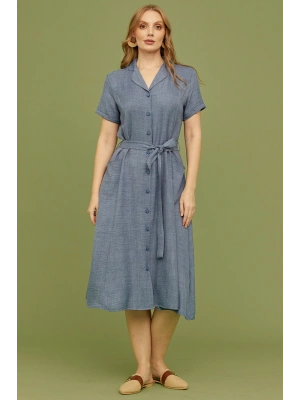 Keten Görünümlü Cepli Gömlek Elbise - Indigo
