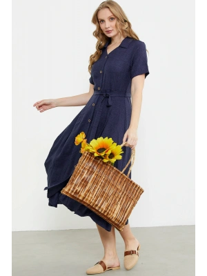 Keten Görünümlü Uzun Gömlek Elbise - Lacivert