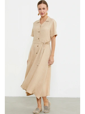 Keten Görünümlü Uzun Gömlek Elbise - Bej
