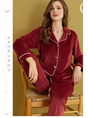 Çağrı Yeni Sezon Kadın Kışlık Önden Düğmeli Kadife Battal Pijama Takımı