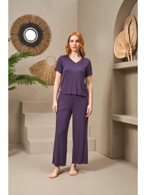 25109 Kadın V Yaka Kısa Kollu Bol Paçalı Pijama Takım