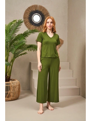 25109 Kadın V Yaka Kısa Kollu Bol Paçalı Pijama Takım