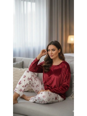Bordo Kadın Ucu Dantelli Pijama Takım