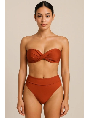 241231 Kadın Tarçın Dolgulu Straplez Yüksek Bel Bikini Takım