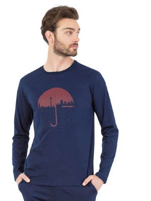 6070 Erkek Uzun Kollu Bisiklet Yaka Pijama Takımı-Lacivert