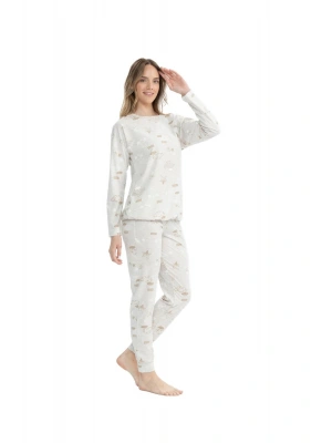 U.S. Polo Assn. Kadın Bej Melanj Yuvarlak Yaka Pijama Takımı