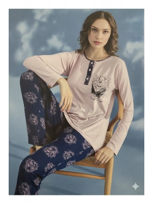 Yeni Sezon Kadın 3 Düğmeli Bisiklet Yaka Viskon Pijama Takımı 35924