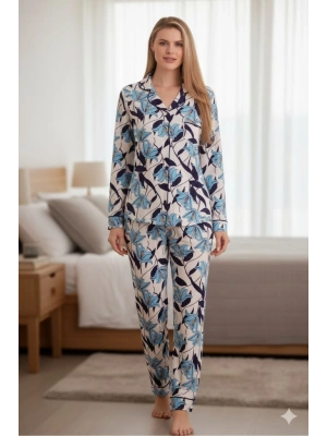Yeni Sezon Yakalı önden düğmeli yumuşak viskon pijama takımı 52031