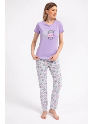 Eat Sleep Coffee Repeat Lila Kadın Pijama Takımı