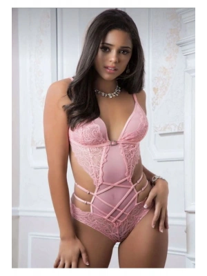 Pembe Dantel İşlemeli Maskeli Bodysuit