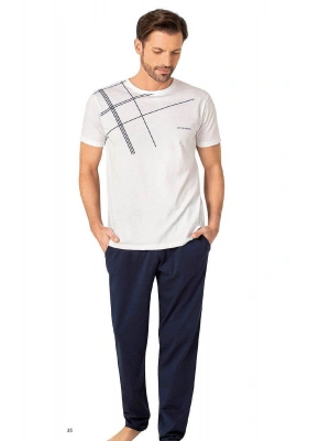 6081 Erkek Kısa Kollu Bisiklet Yaka Pijama Takım-Beyaz