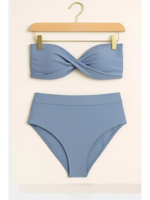 Mavi Dolgulu Straplez Yüksek Bel Bikini Takım 246106