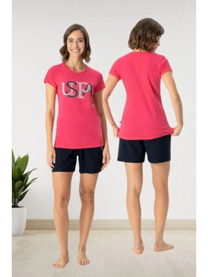 Kadın Baskılı Fuşya T-Shirt & Kısa Şort Pijama Takımı DLX-16995