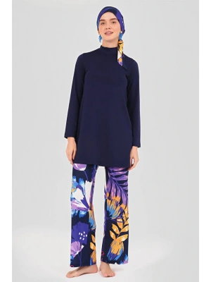 Krizantem Desenli Tesettür Mayo Lacivert DLX-24613
