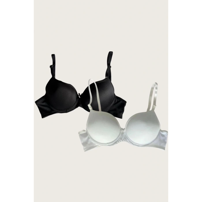 Aria s Closet Siyah-Beyaz 2 li Mikro Kumaş Push Up Dolgulu Balenli Günlük Destekli Sütyen