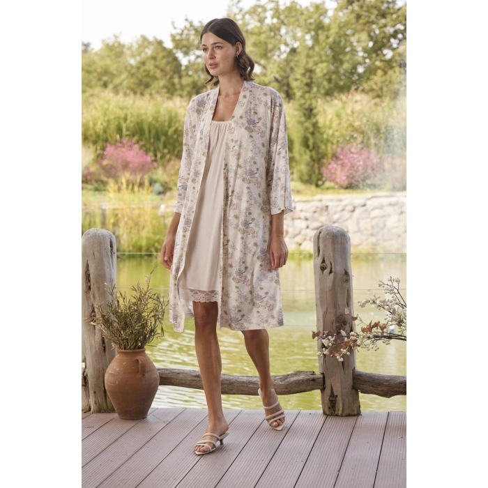 Arias Closet Çiçek Desenli ve Dantelli Sabahlık Takımı