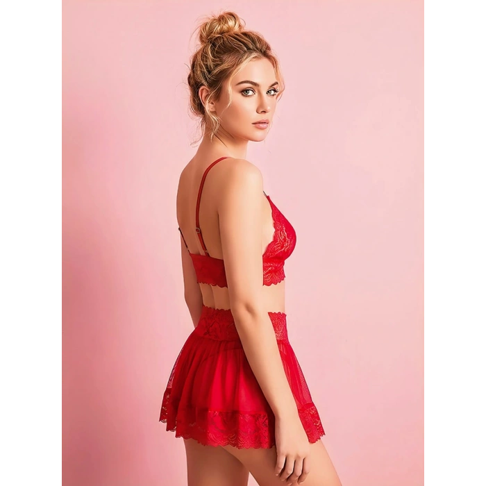 Arias Closet Kırmızı Dantel İşlemeli Kurdelalı Büstiyer Etek Takımı